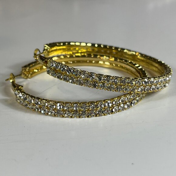 Swarovski Elements Women's Hoop Earrings Yellow Gold Crystals Two tiers - Picture 3 of 6